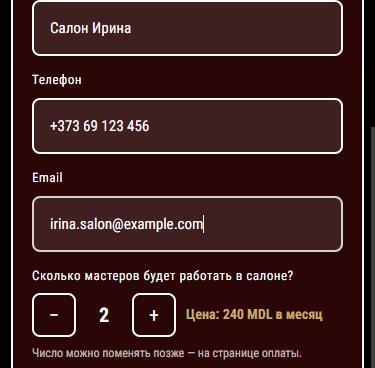 Форма: название, телефон, почта, число мастеров